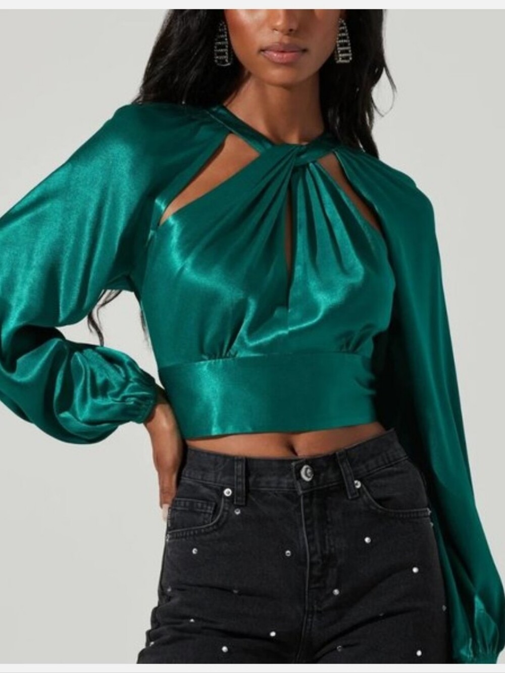 ASTR The Label emerald green satin Idara top Sz M LIKE NEW